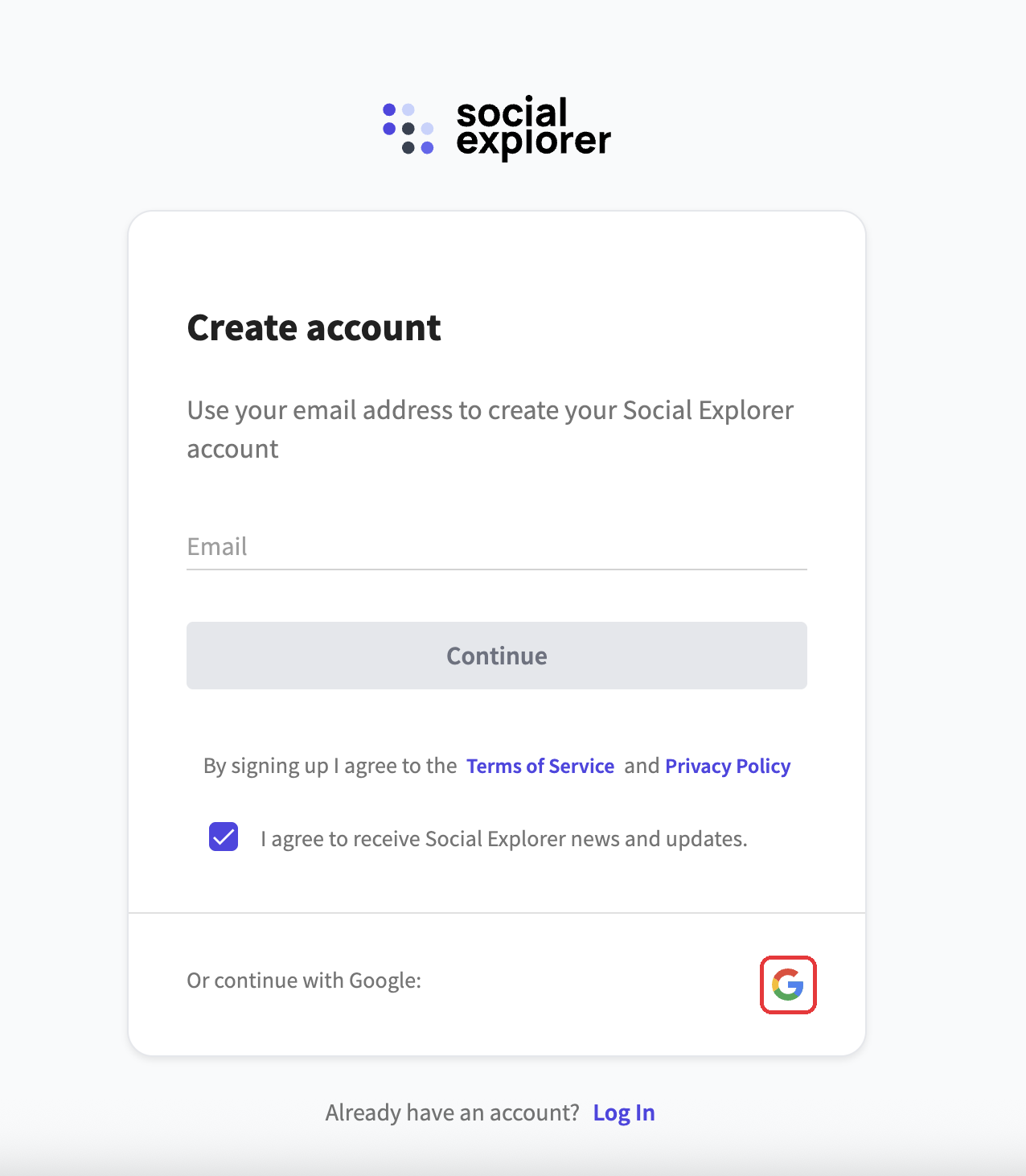 Create account screen with the Google button