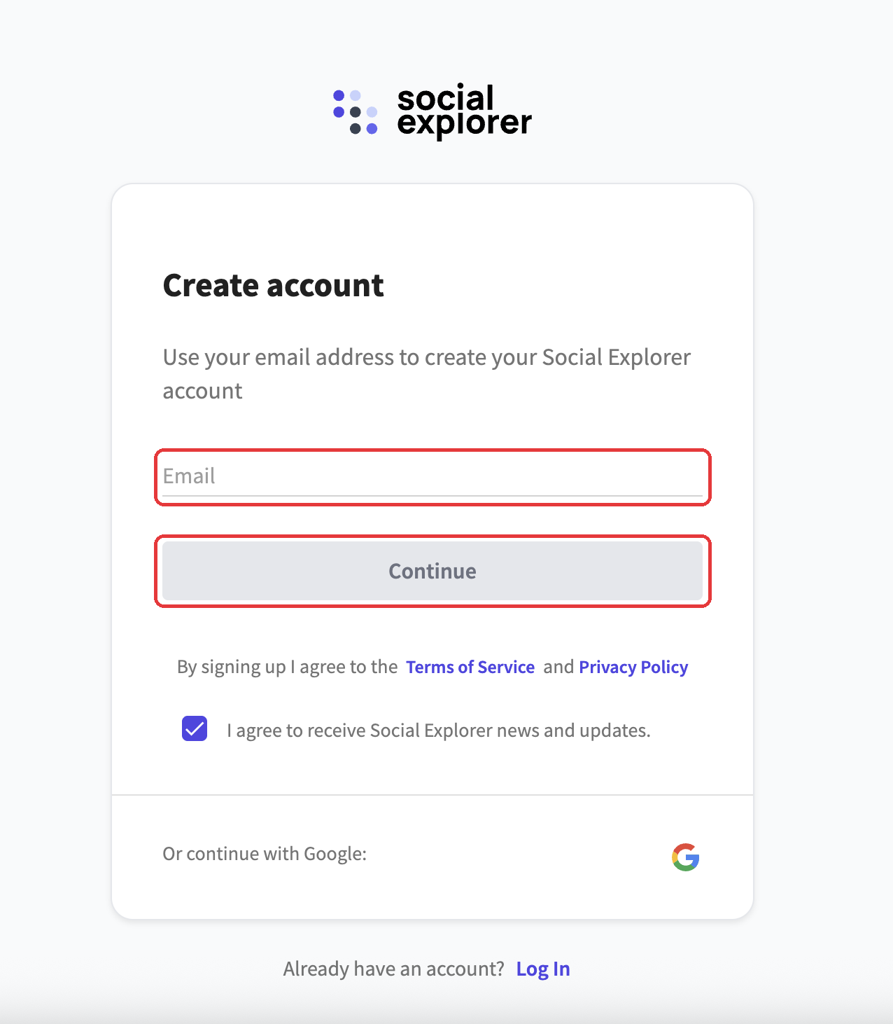Create account screen with the Email field and Continue button