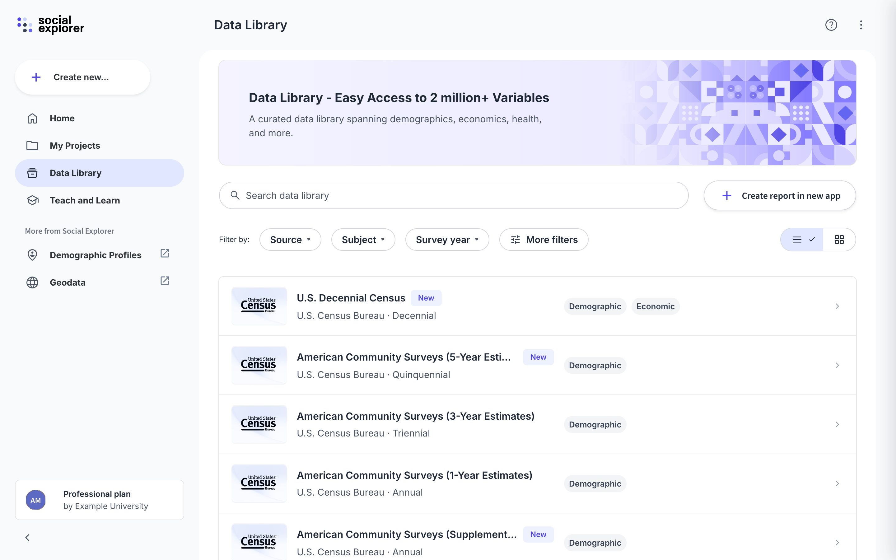Data Library with search, filters, and the dataset list