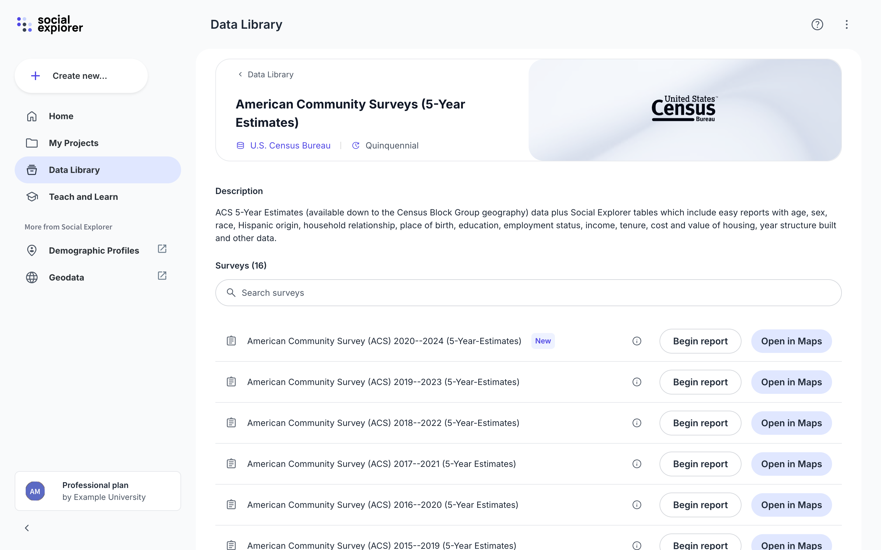 Dataset page with info icon, Begin report, and Open in Maps for each survey