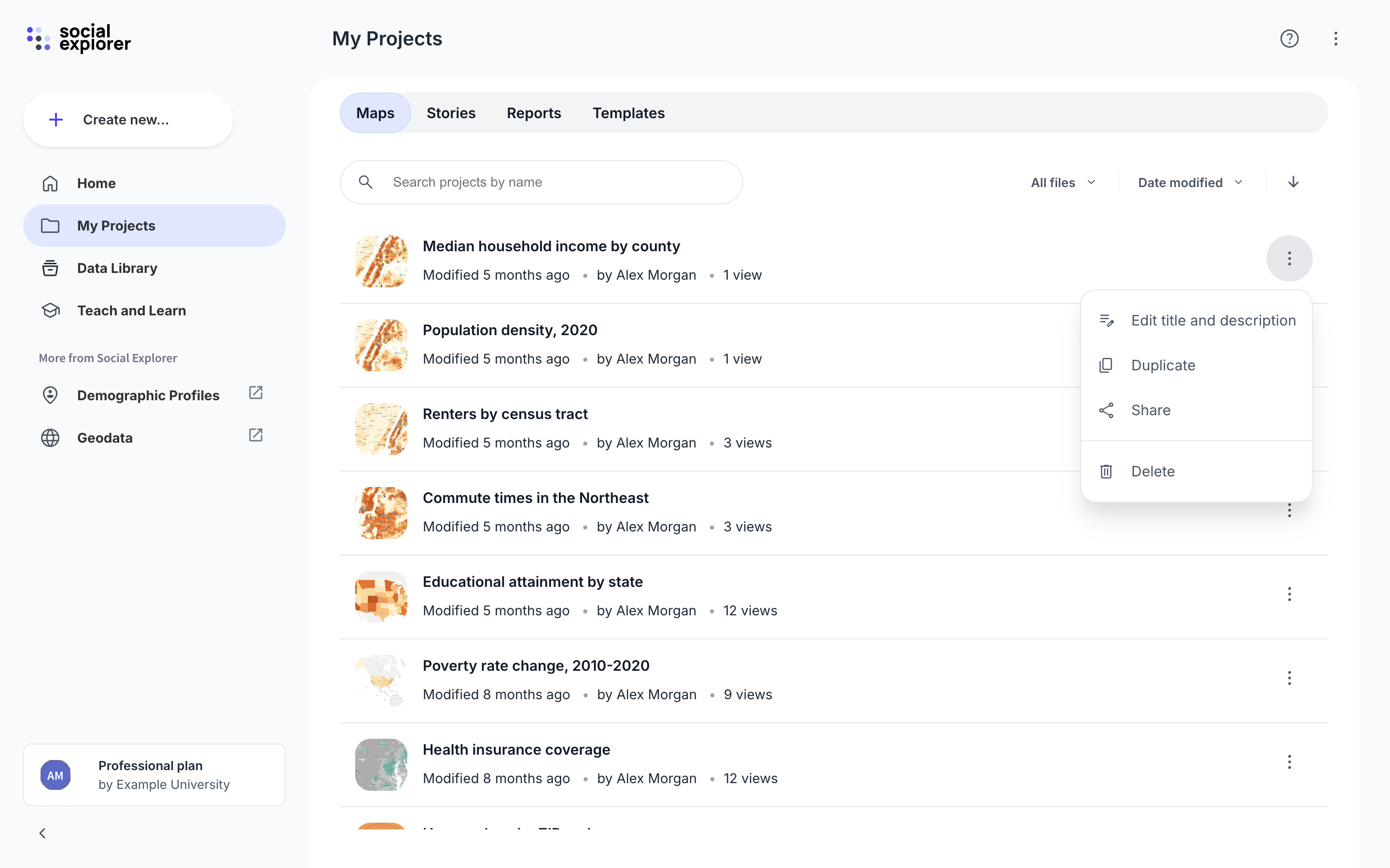 Project menu with Edit title and description, Duplicate, Share, Delete