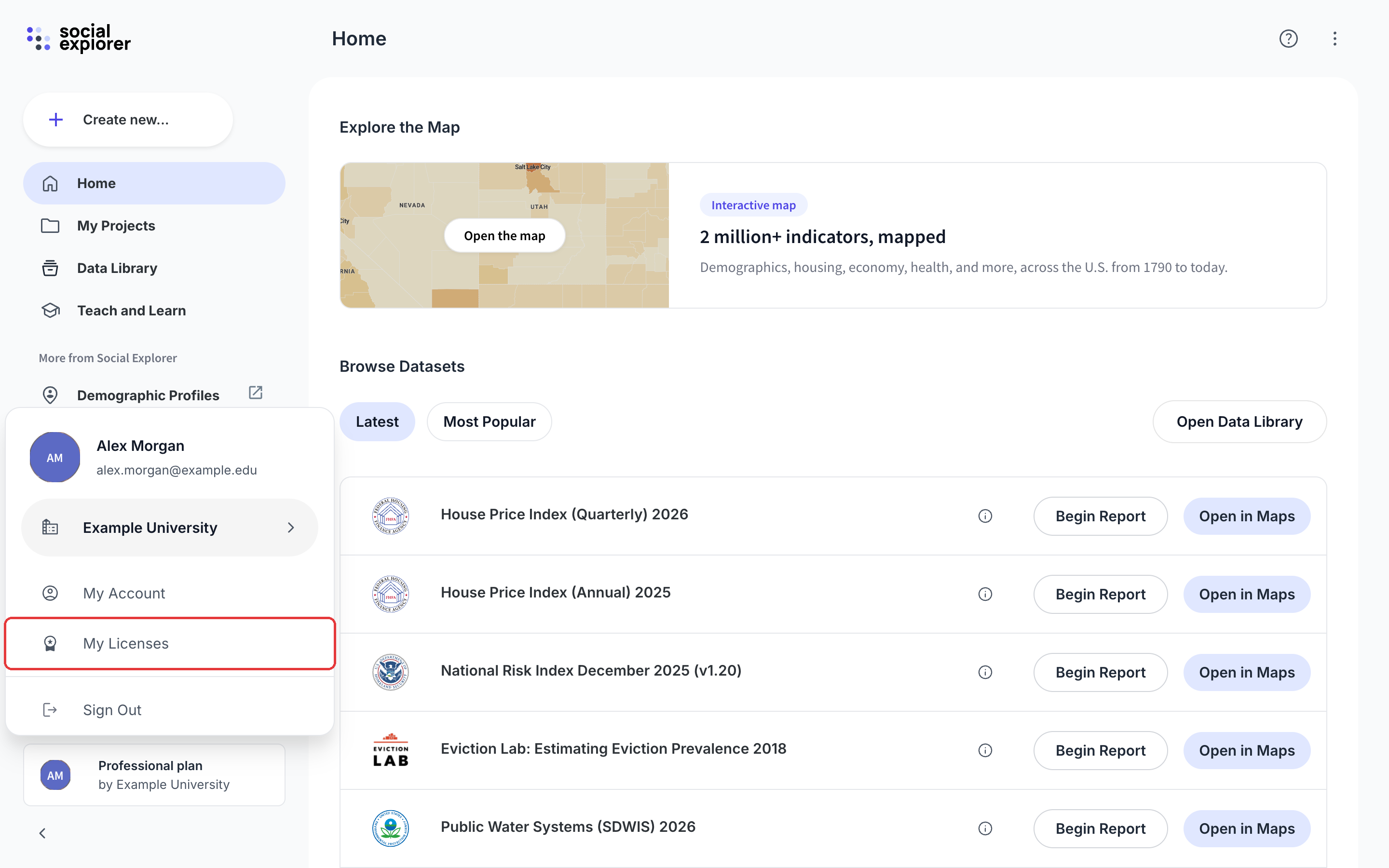 Account menu with My Licenses
