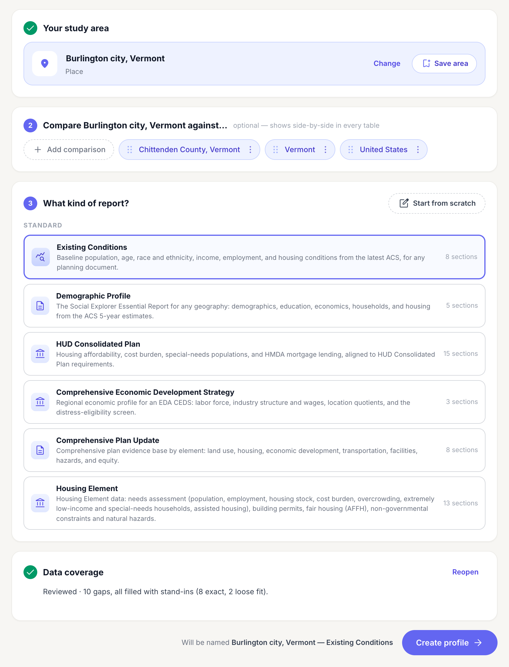 Step 2 of a new profile: study area, comparisons, report type, and data coverage