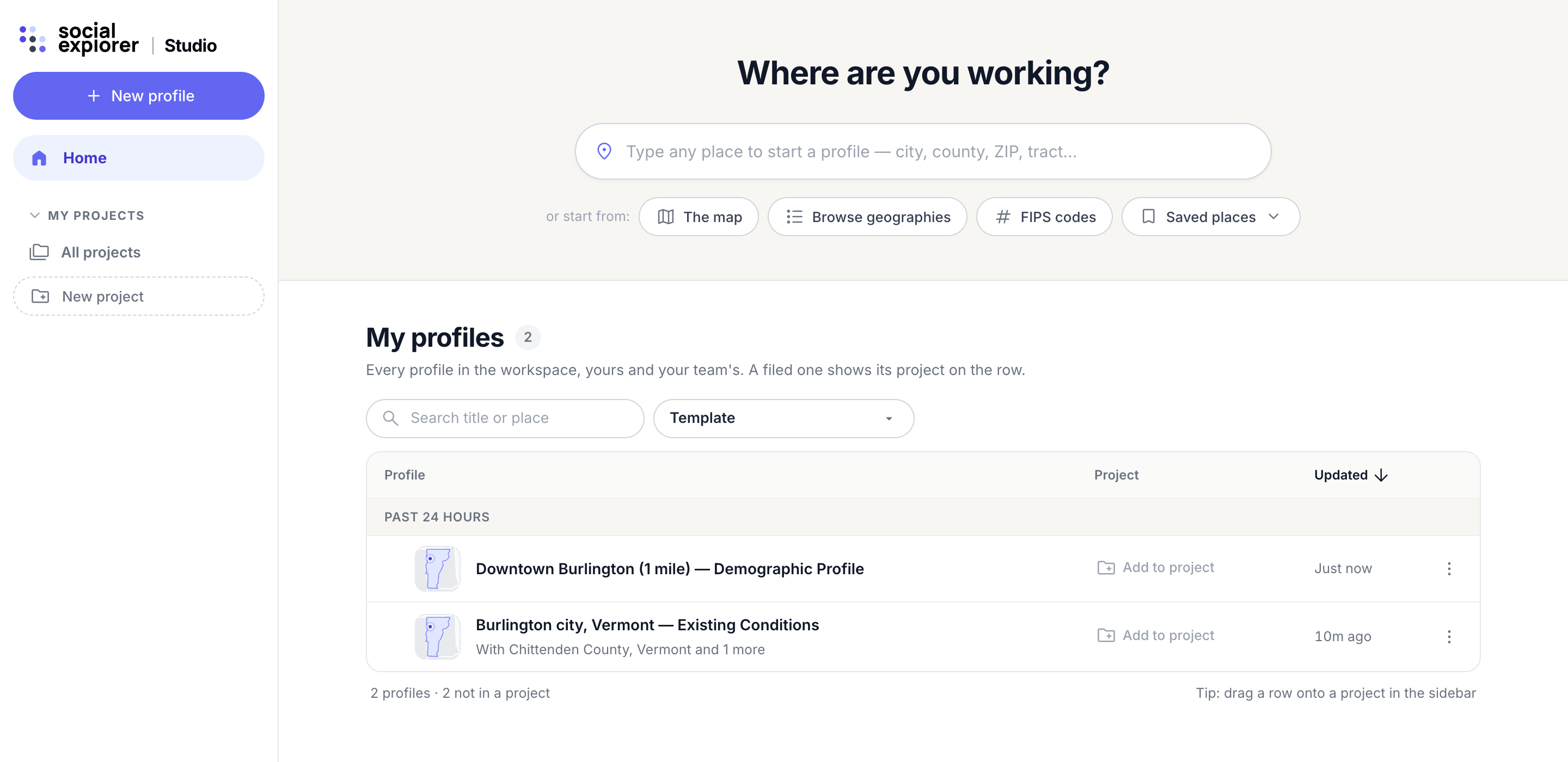 The Studio Home page with Where are you working? and My profiles