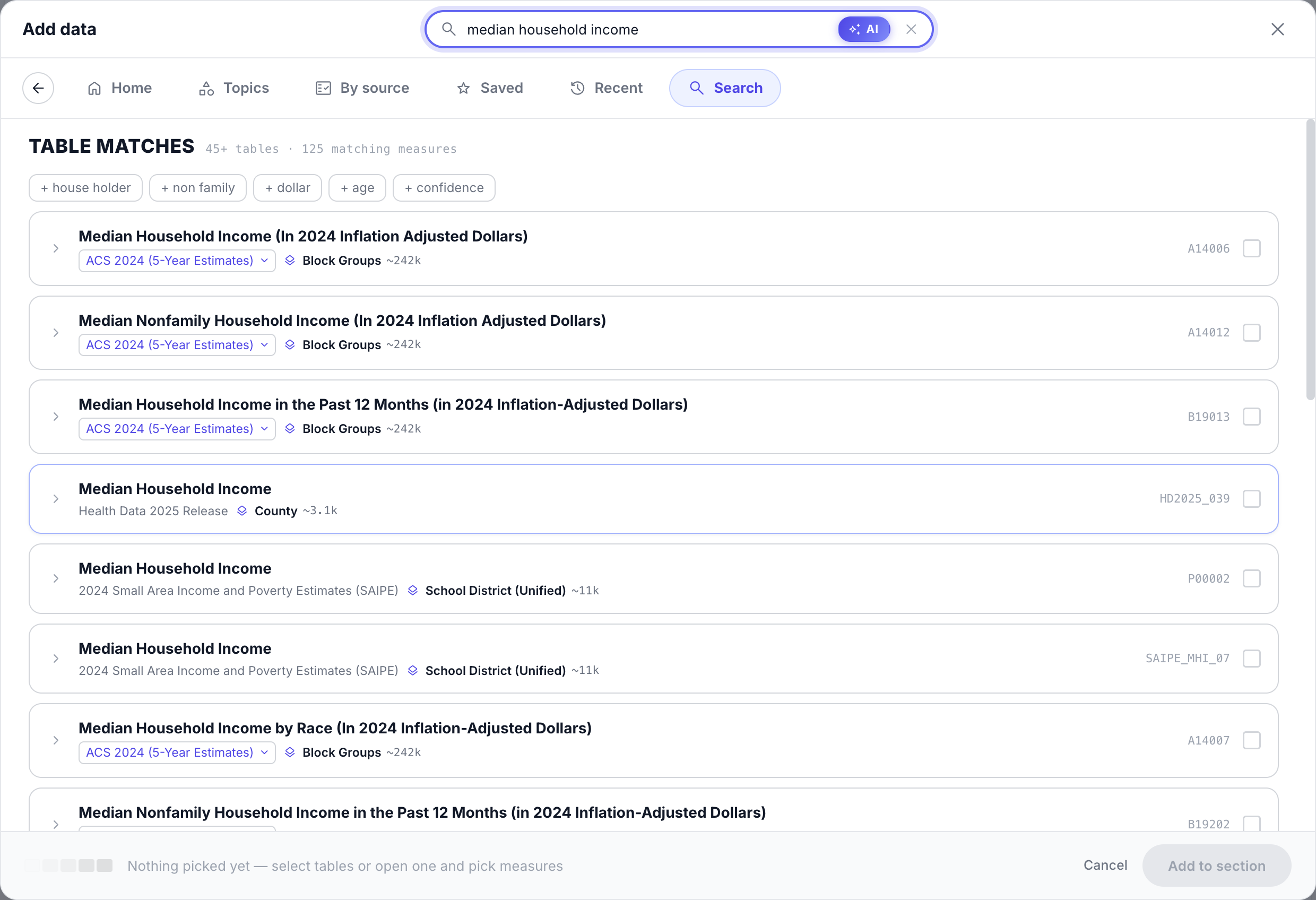 The Add data dialog with search results
