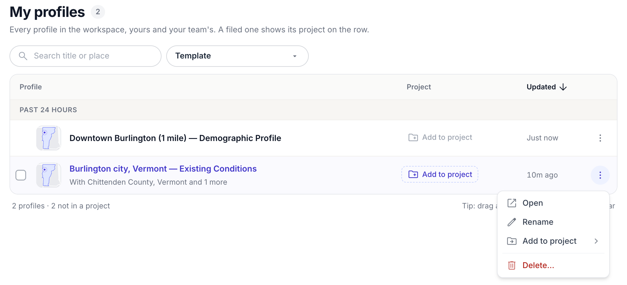 My profiles with a row menu open: Open, Rename, Add to project, Delete
