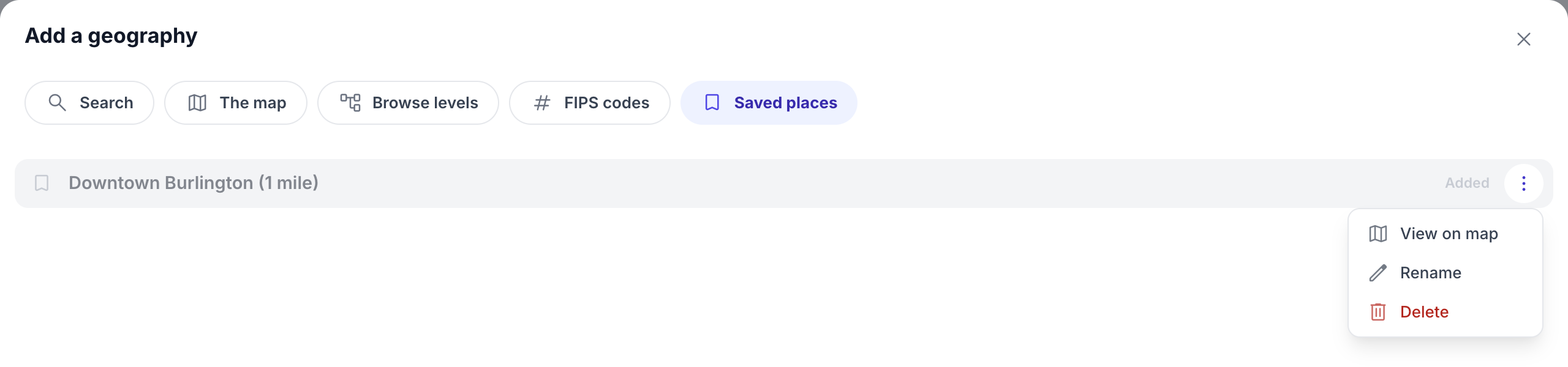 The Saved places tab with a place menu showing View on map, Rename, and Delete