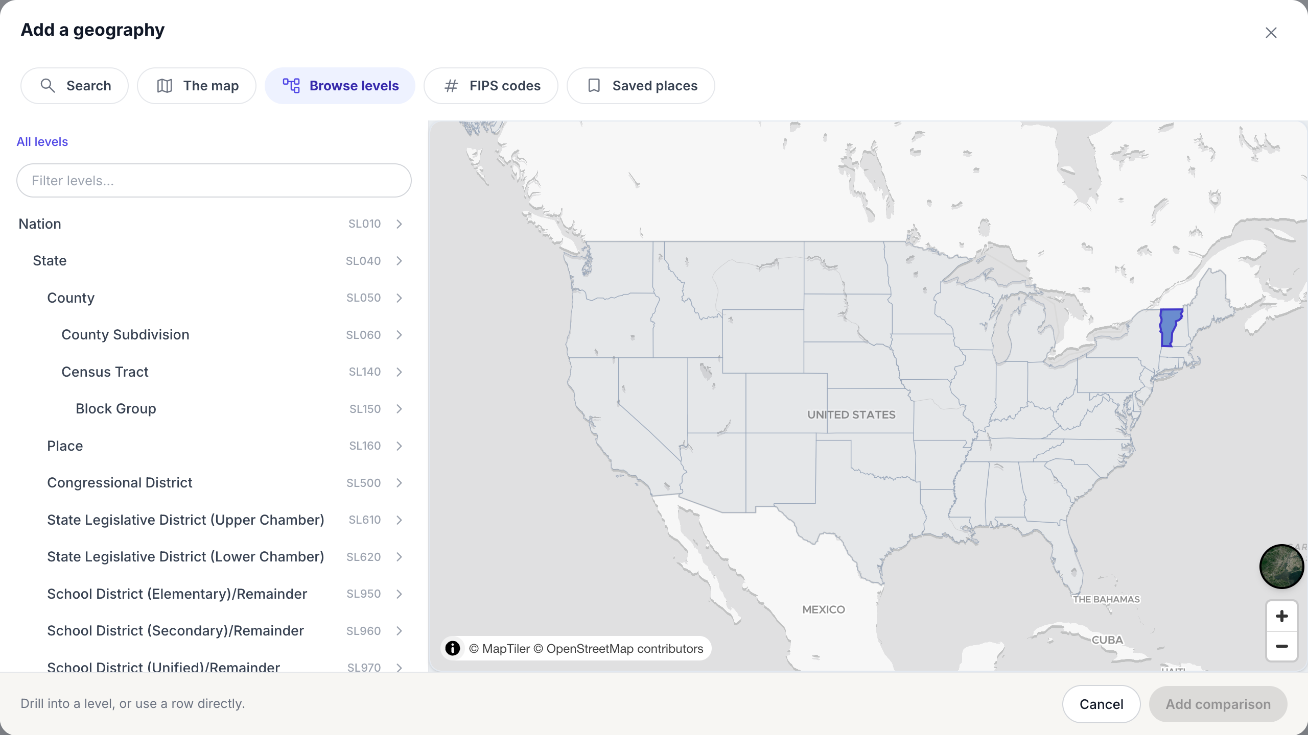 The Browse levels tab with the list of geography levels and a map