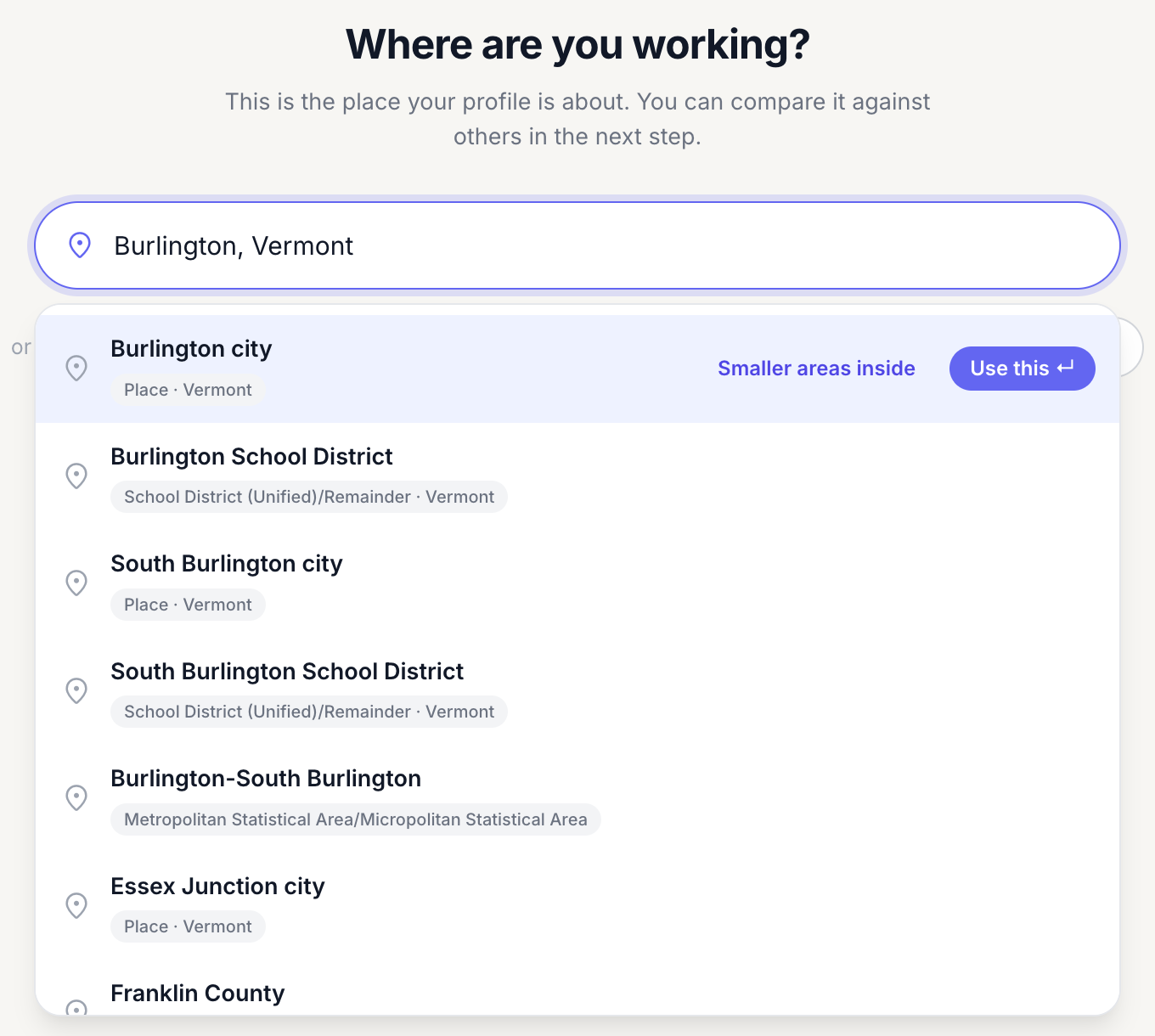 Search results for Burlington, Vermont, with Smaller areas inside and Use this