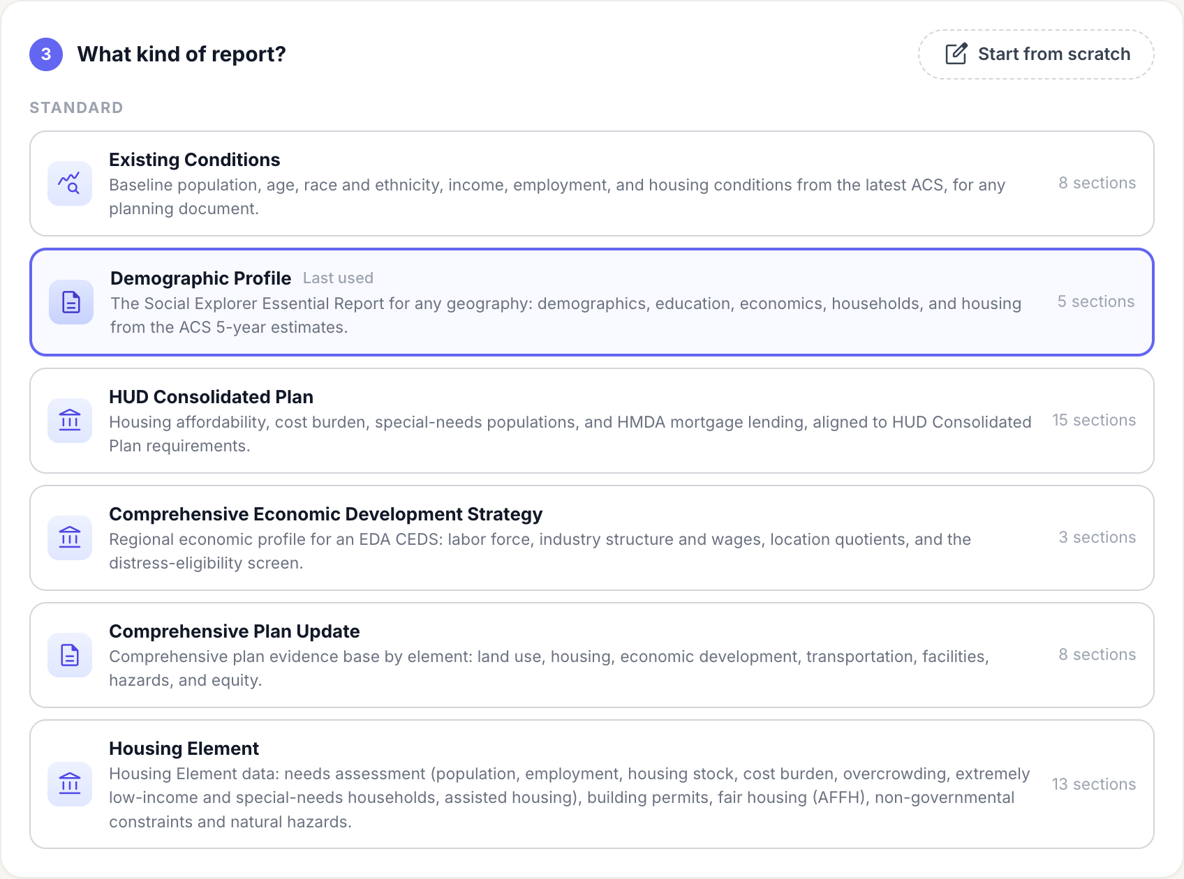 The What kind of report? list of templates, with Start from scratch