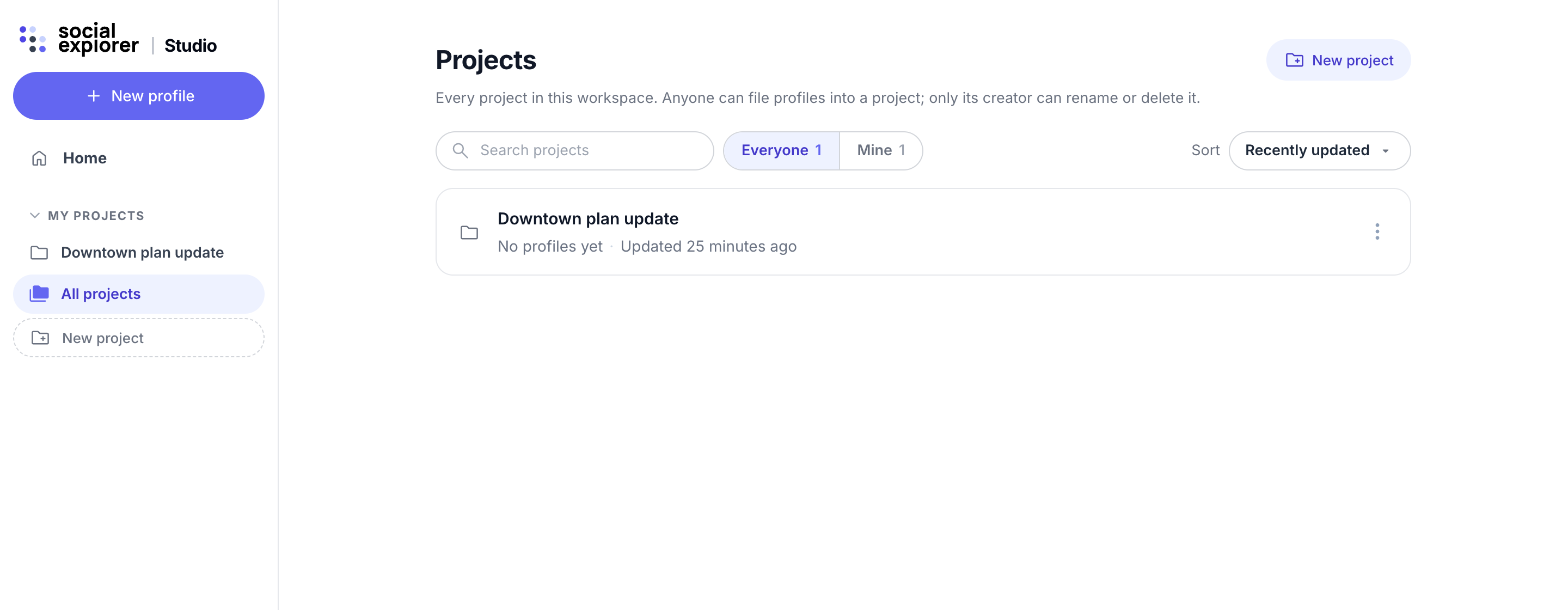 The Projects page with search, Everyone and Mine, and sort