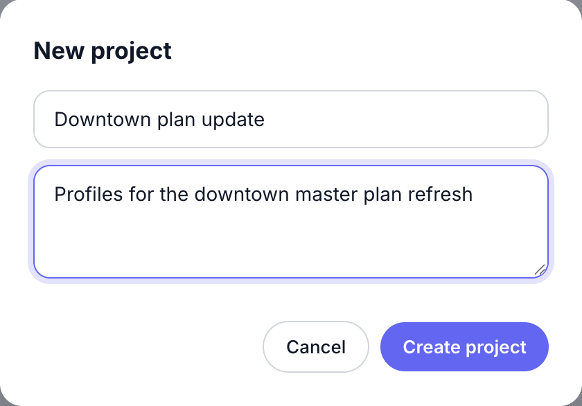 The New project dialog with a name and description