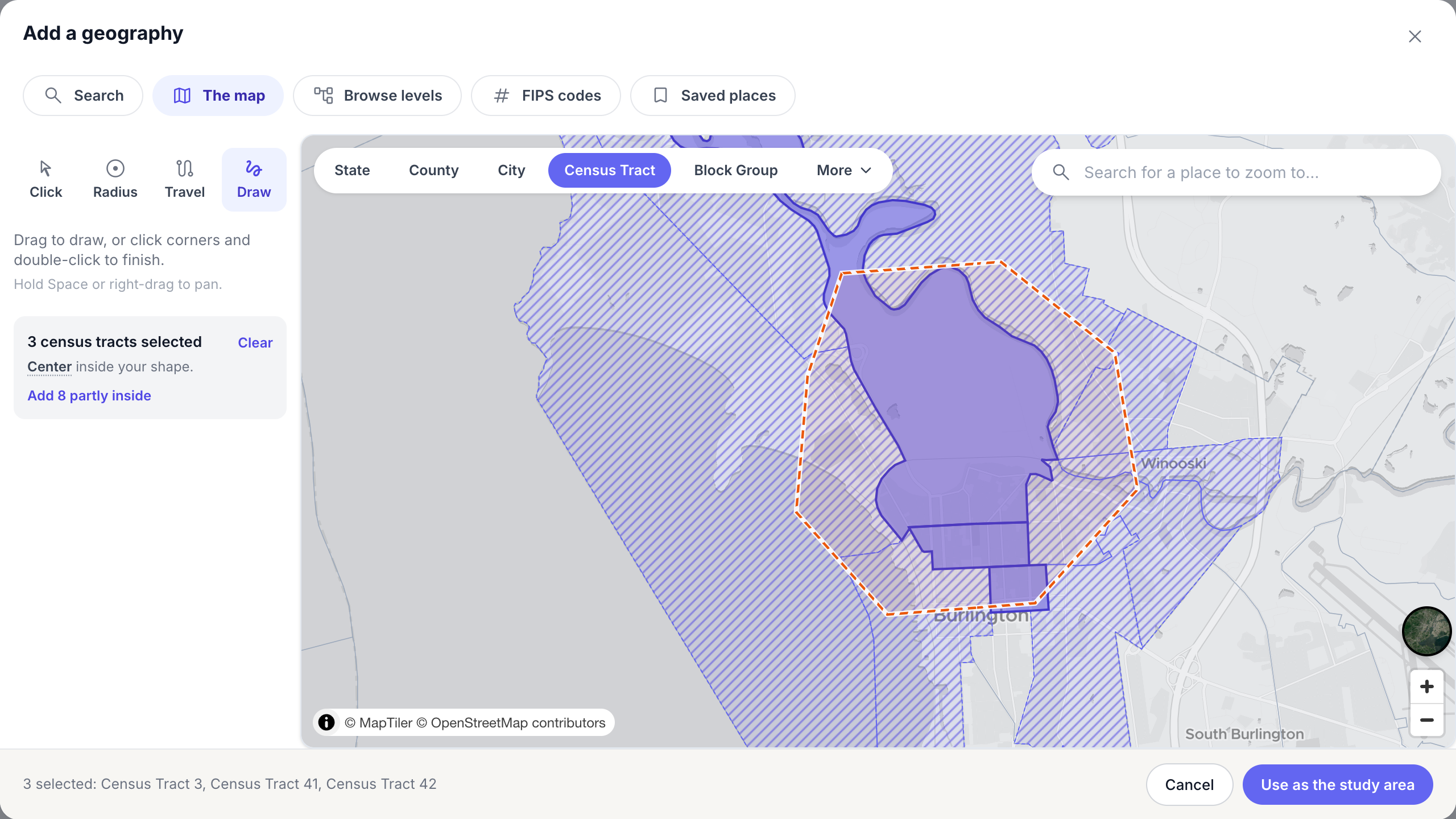 A drawn shape selecting 3 census tracts by their center, with partly inside tracts striped