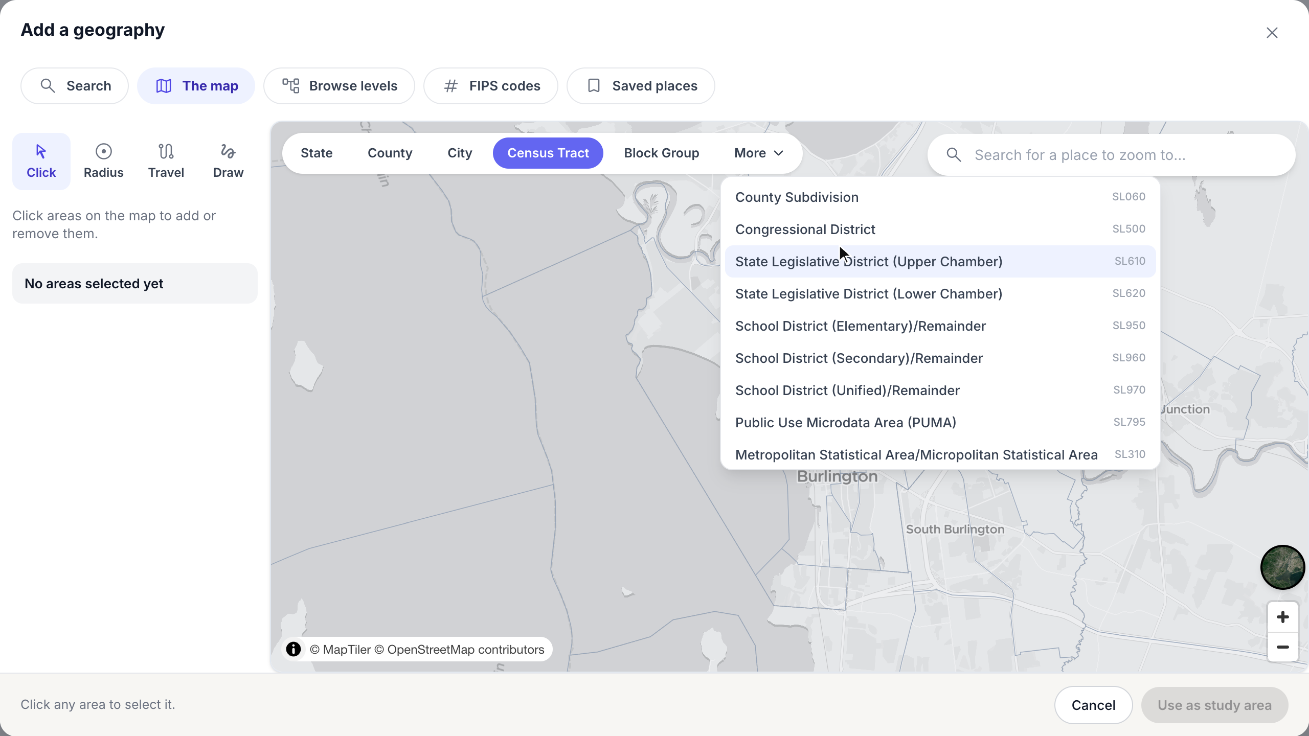 The map with Census Tract selected and the More list of other levels open
