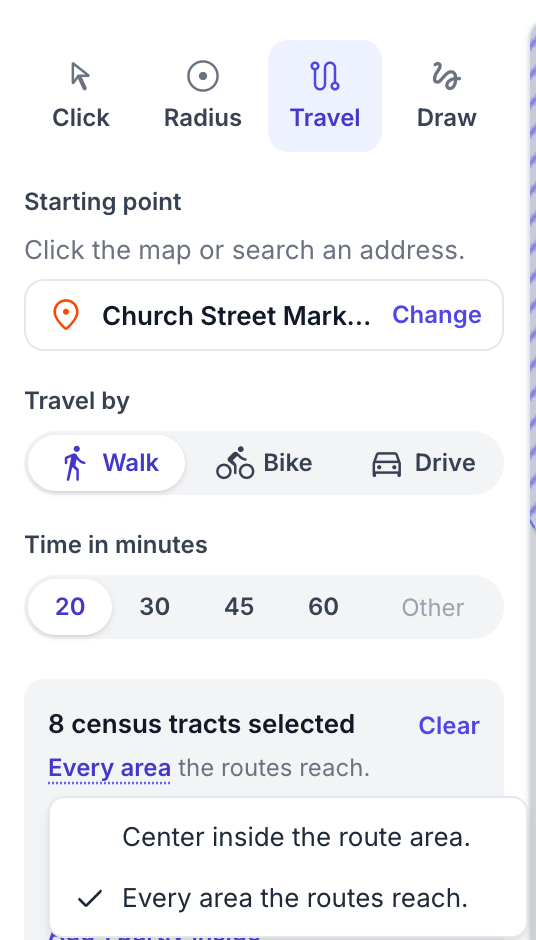 The menu to switch between Center inside the route area and Every area the routes reach